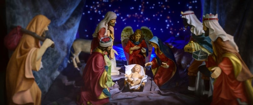 Nativity scene with the Holy Family, Wise men, shepherds and a starry sky