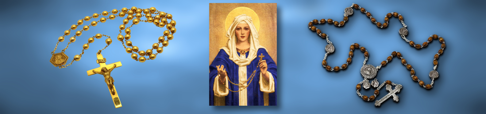 Mary holding a Rosary with 2 more Rosaries, one on each side of her
