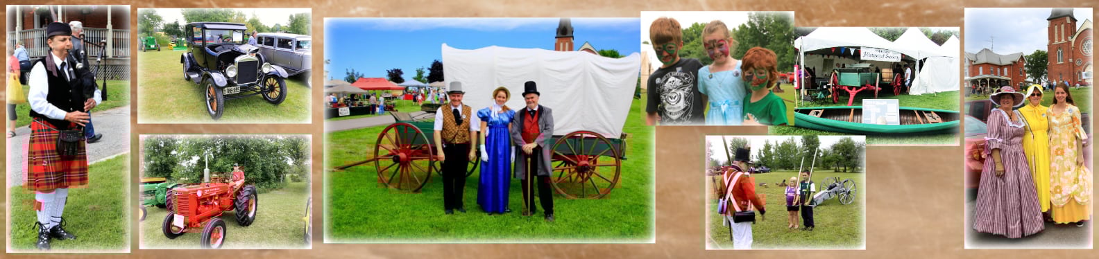YesterYears Montage showing old cars, pipers, face painting, old wagons, vintage dresses