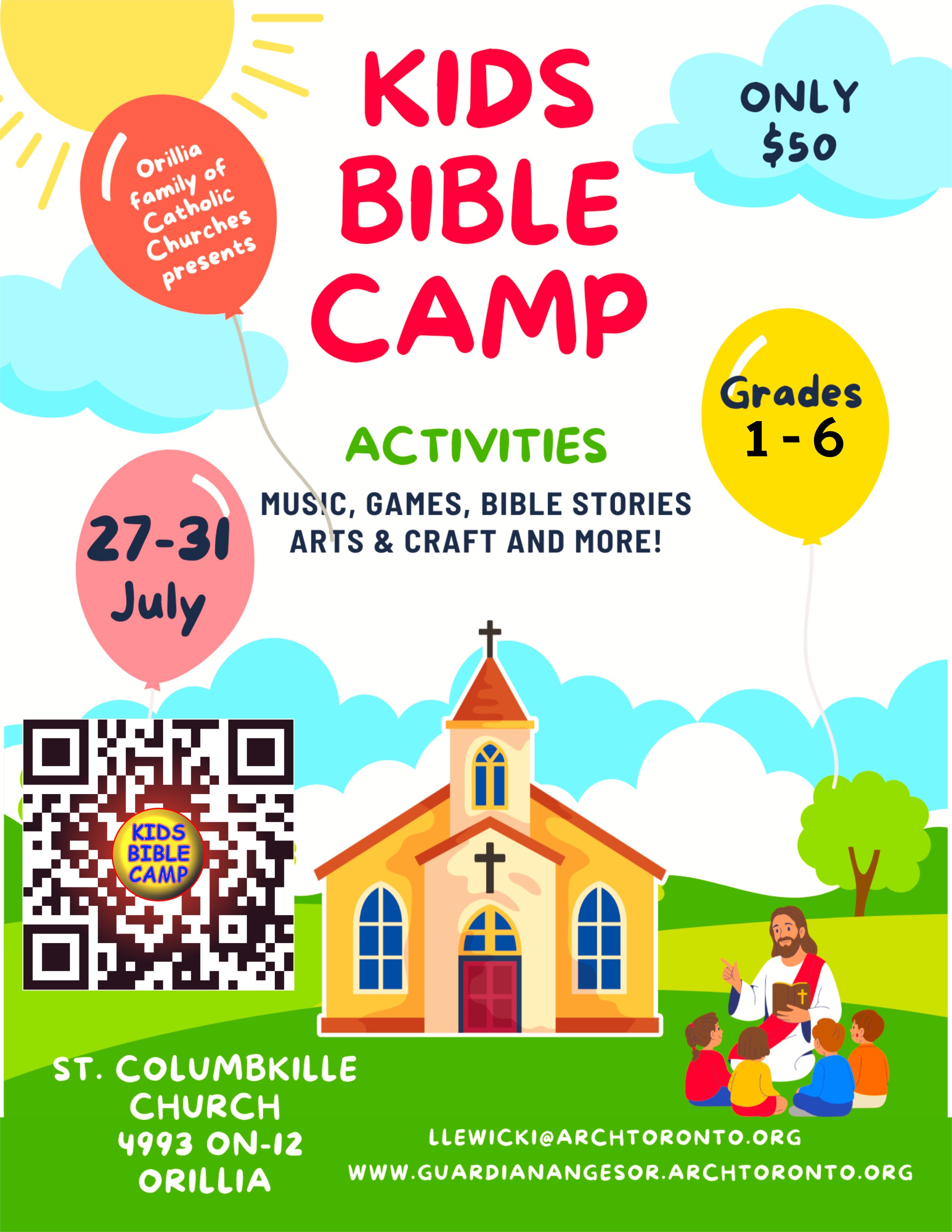 Kids Bible Camp at Saint Columbille July 27 - 31 w QR code Kids Bible Camp at Saint Columbille July 27 - 31 w QR code