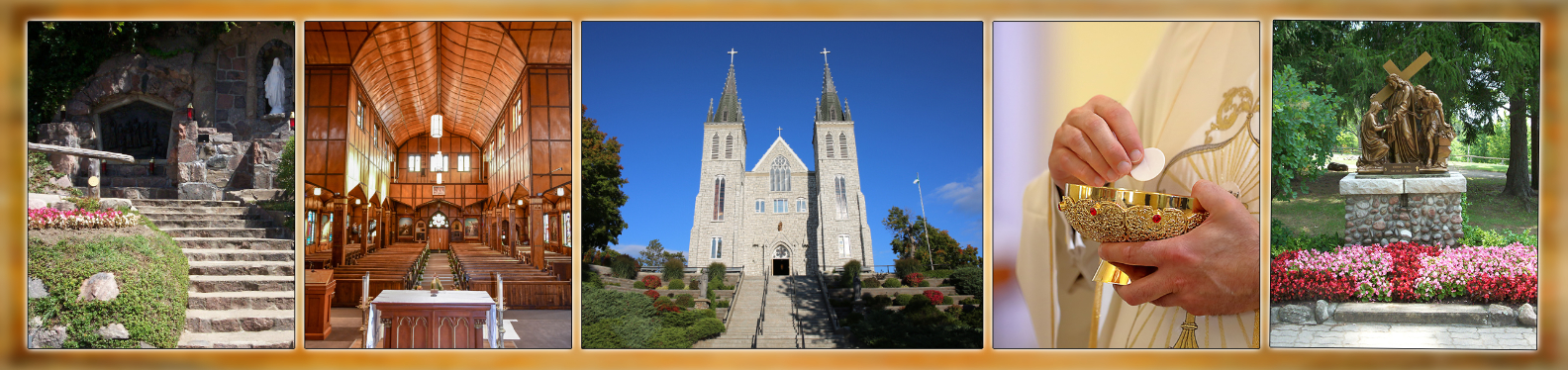 Martyrs' Shrine Pilgrmage showing exterior spires, Eucharist, gardens, outdoor Crucifix
