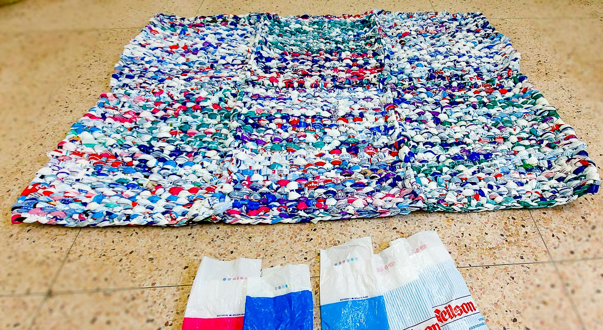 Milk Bag Mats -Empty bags and completed mat