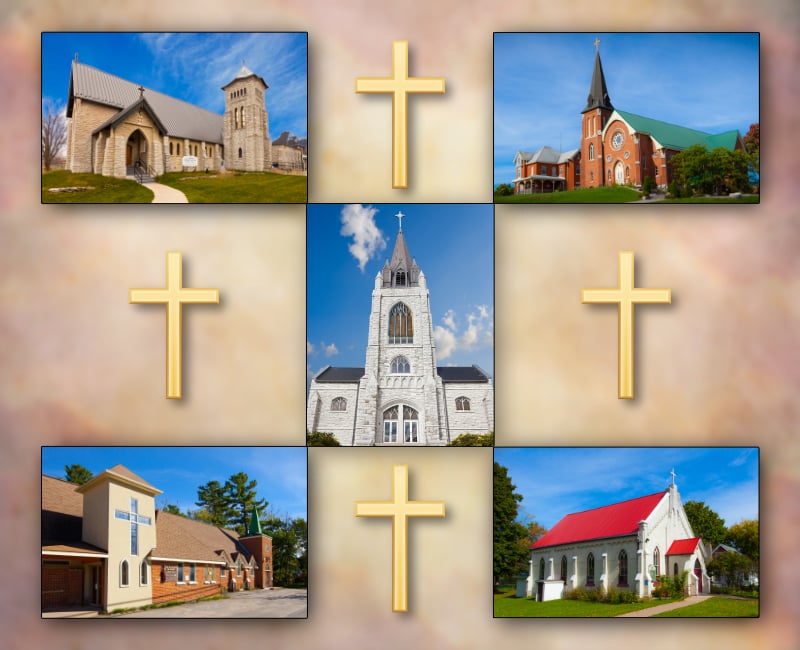 Exterior images of all 5 Churches for the Orillia Family of Catholic Churches