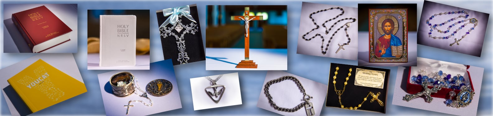 Religious articles showing Crucifx, rosaries, medallions, Bibles, catechisms