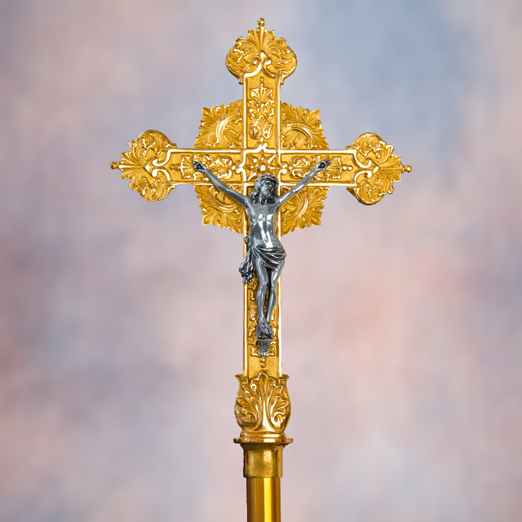 Gold Crucifix blue and orange background